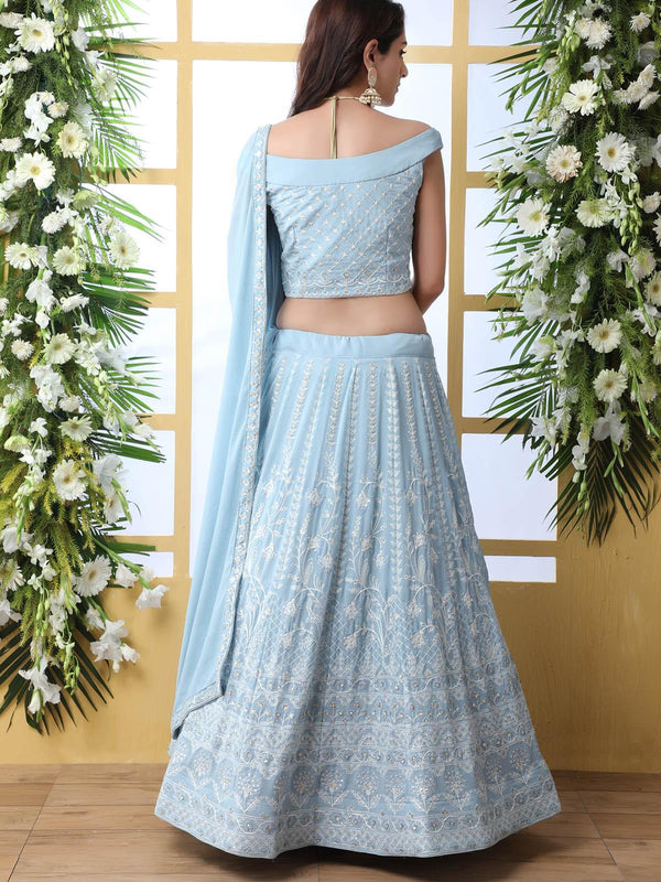 Women's Sky Blue Sequins Georgette Lehenga Set - Odette