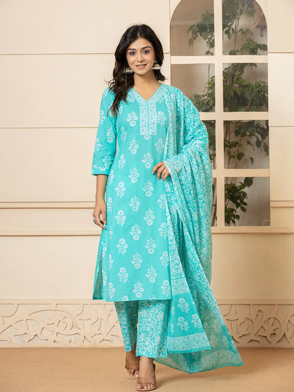 Sky Blue Sequins_Work Pure Cotton Straight Kurta Dupatta Set