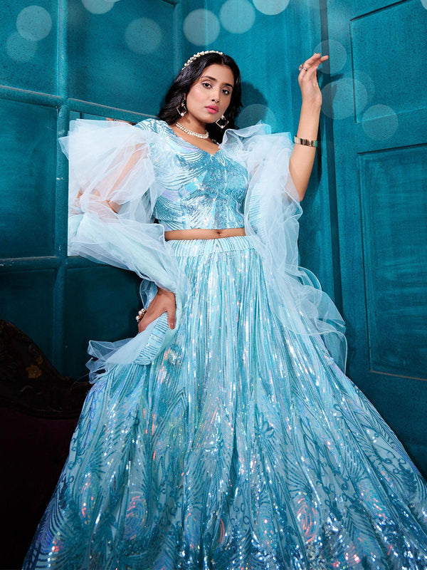 Women's Sky Blue Stunning Sequins Lehenga - Odette