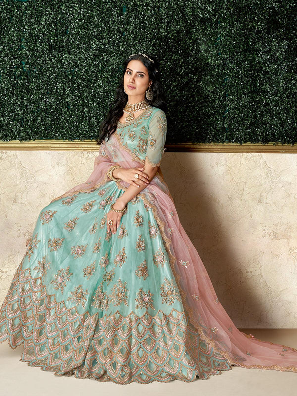 Women's Sky Blue Taffeta Silk Designer Lehenga Choli - Odette