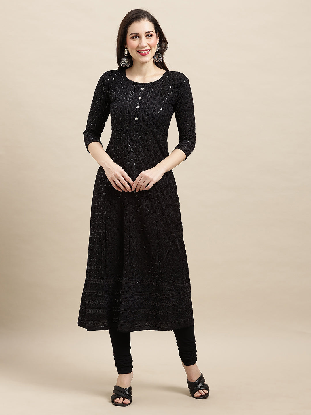 Women's Black Rayon Sequence Embroidered A-Line Kurta - Navyaa