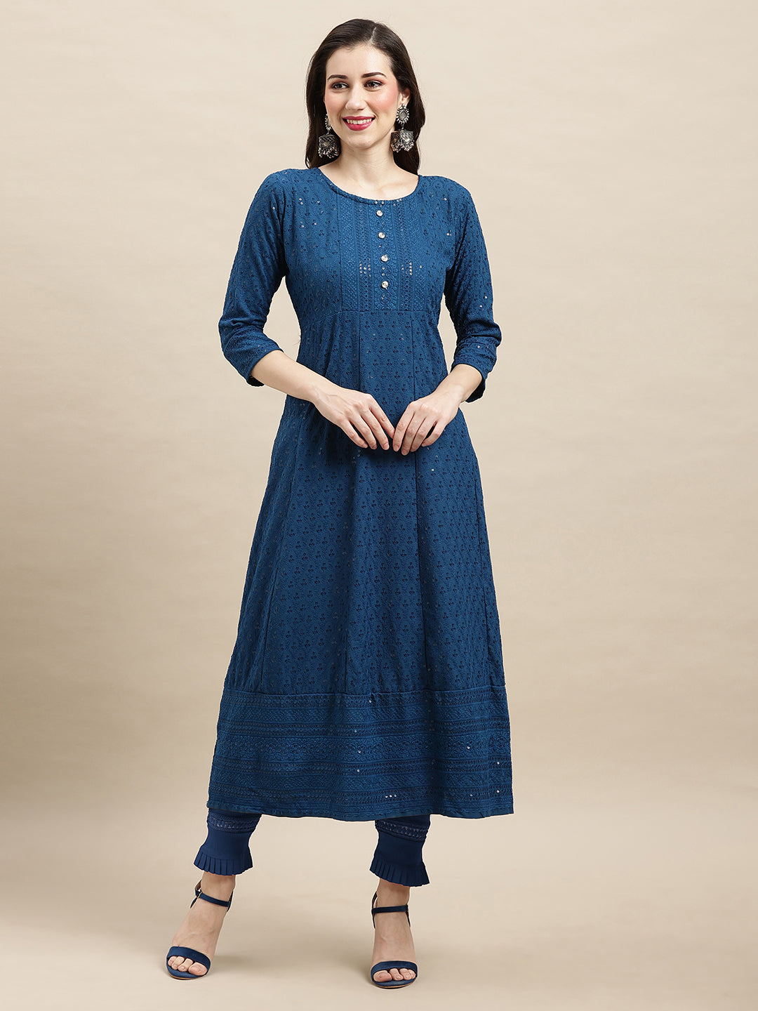 Women's Dark Blue Rayon Sequence Embroidered A-Line Kurta - Navyaa