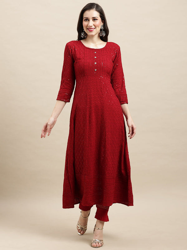 Women's Dark Red Rayon Sequence Embroidered A-Line Kurta - Navyaa