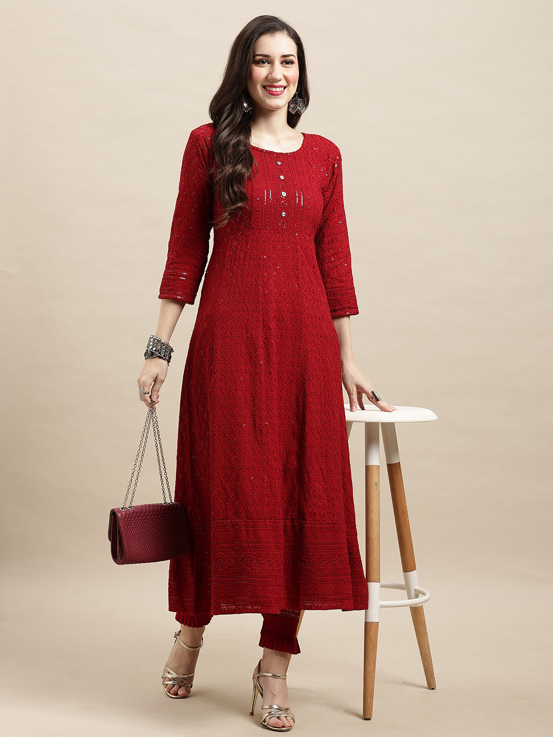 Women's Dark Red Rayon Sequence Embroidered A-Line Kurta - Navyaa