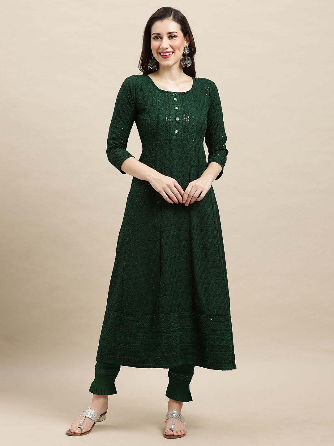 Women's Dark Green Rayon Sequence Embroidered A-Line Kurta - Navyaa