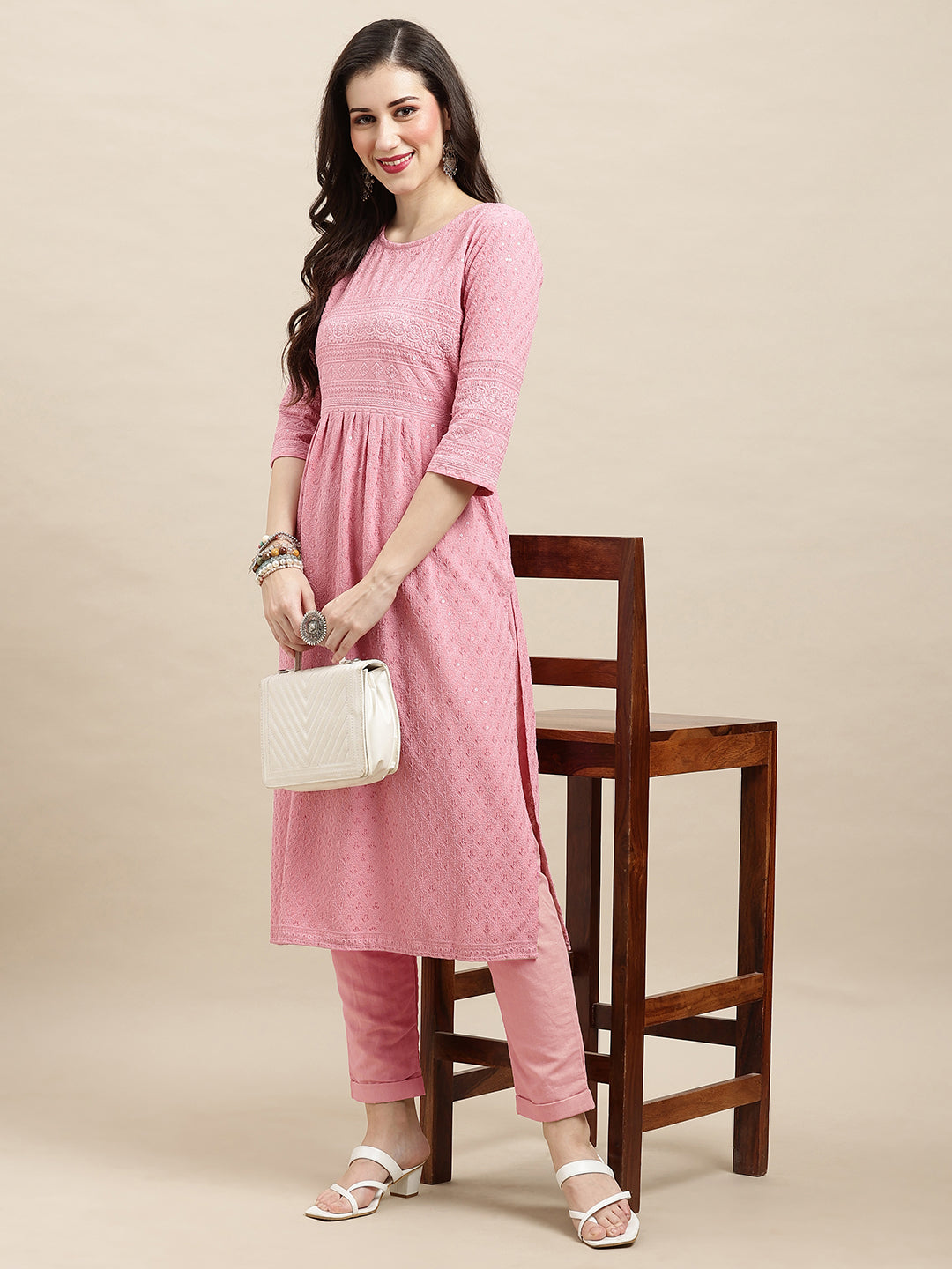 Women's Pink Rayon Sequence Embroidered Nayra Cut Kurta - Navyaa