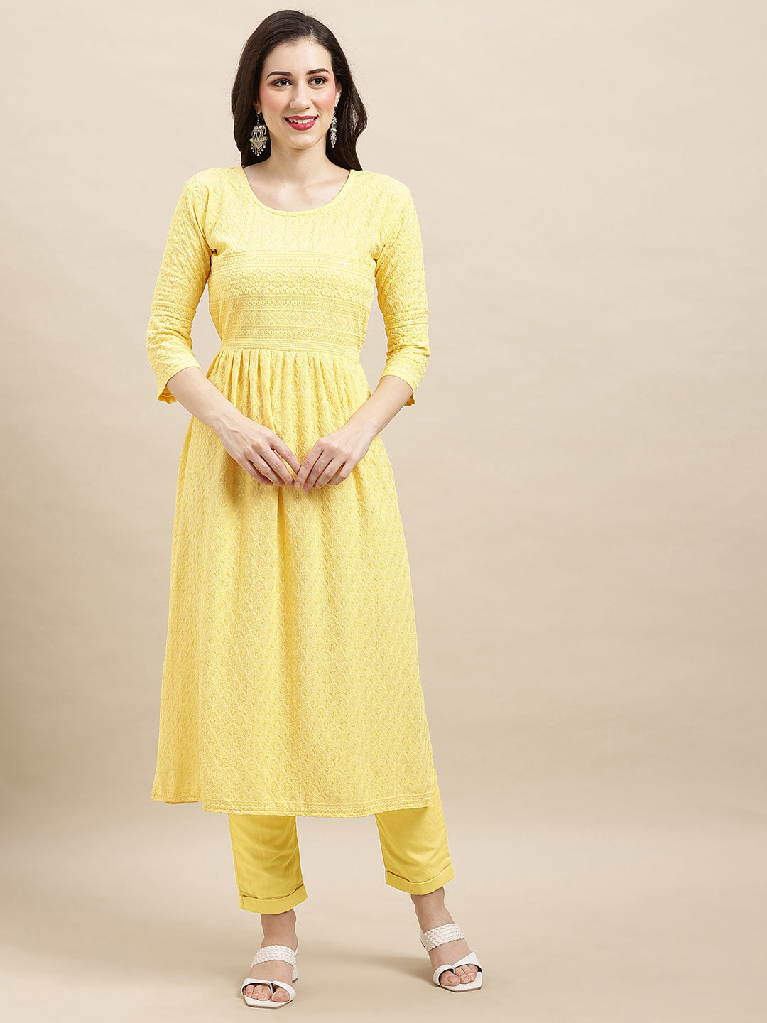 Women's Yellow Rayon Sequence Embroidered Nayra Cut Kurta - Navyaa