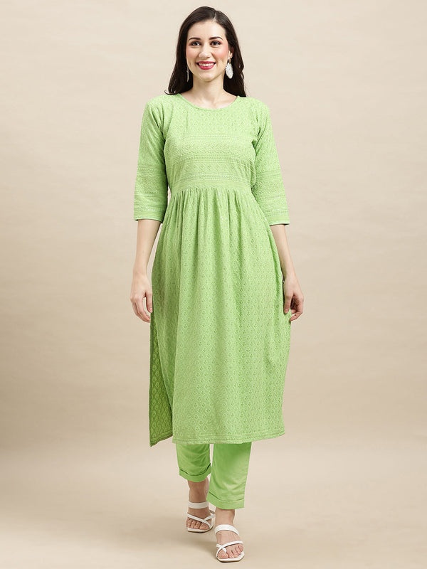 Women's Green Rayon Sequence Embroidered Nayra Cut Kurta - Navyaa