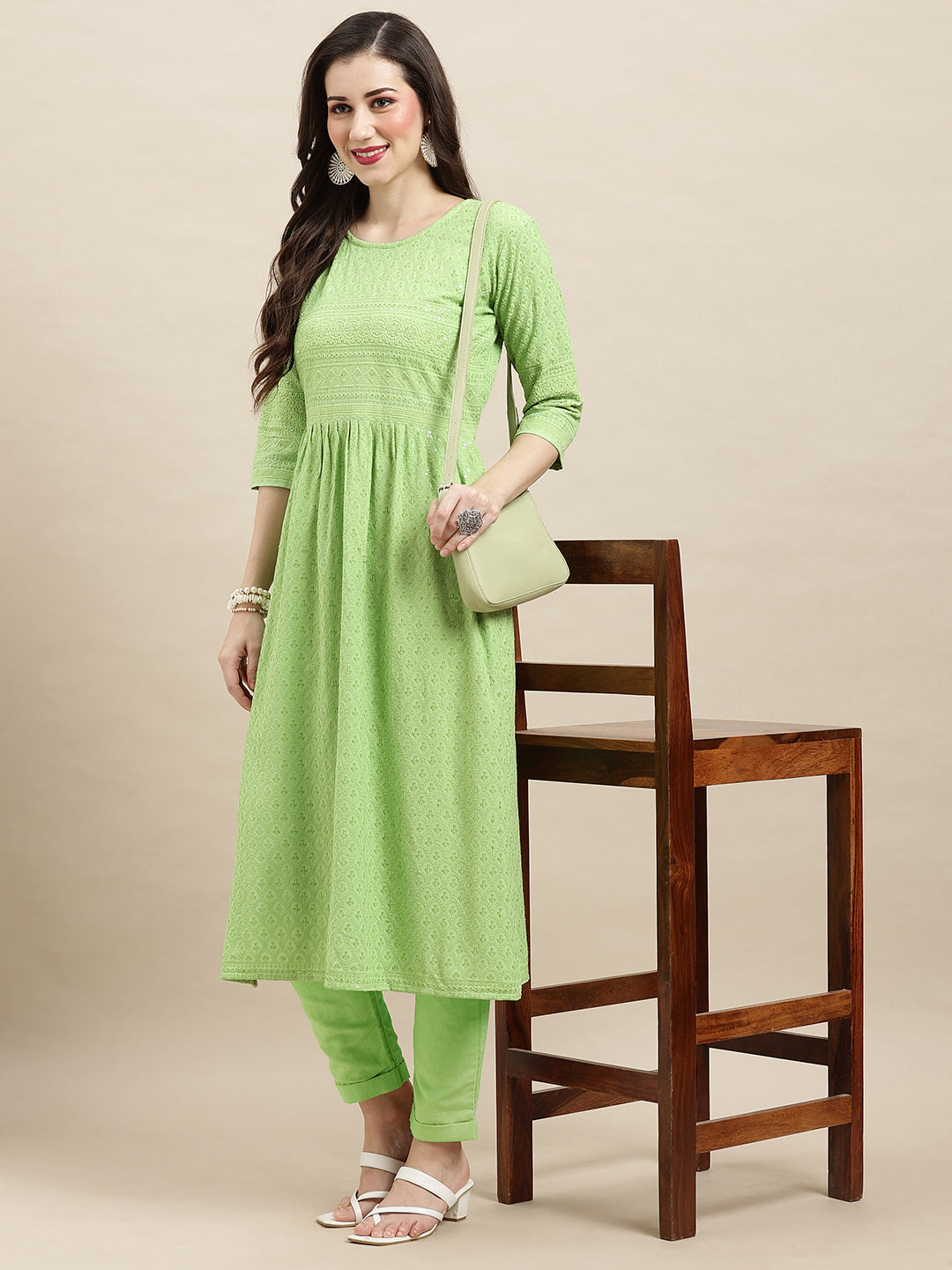 Women's Green Rayon Sequence Embroidered Nayra Cut Kurta - Navyaa