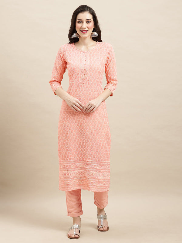 Women's Peach Rayon Sequence Embroidered Straight Kurta - Navyaa