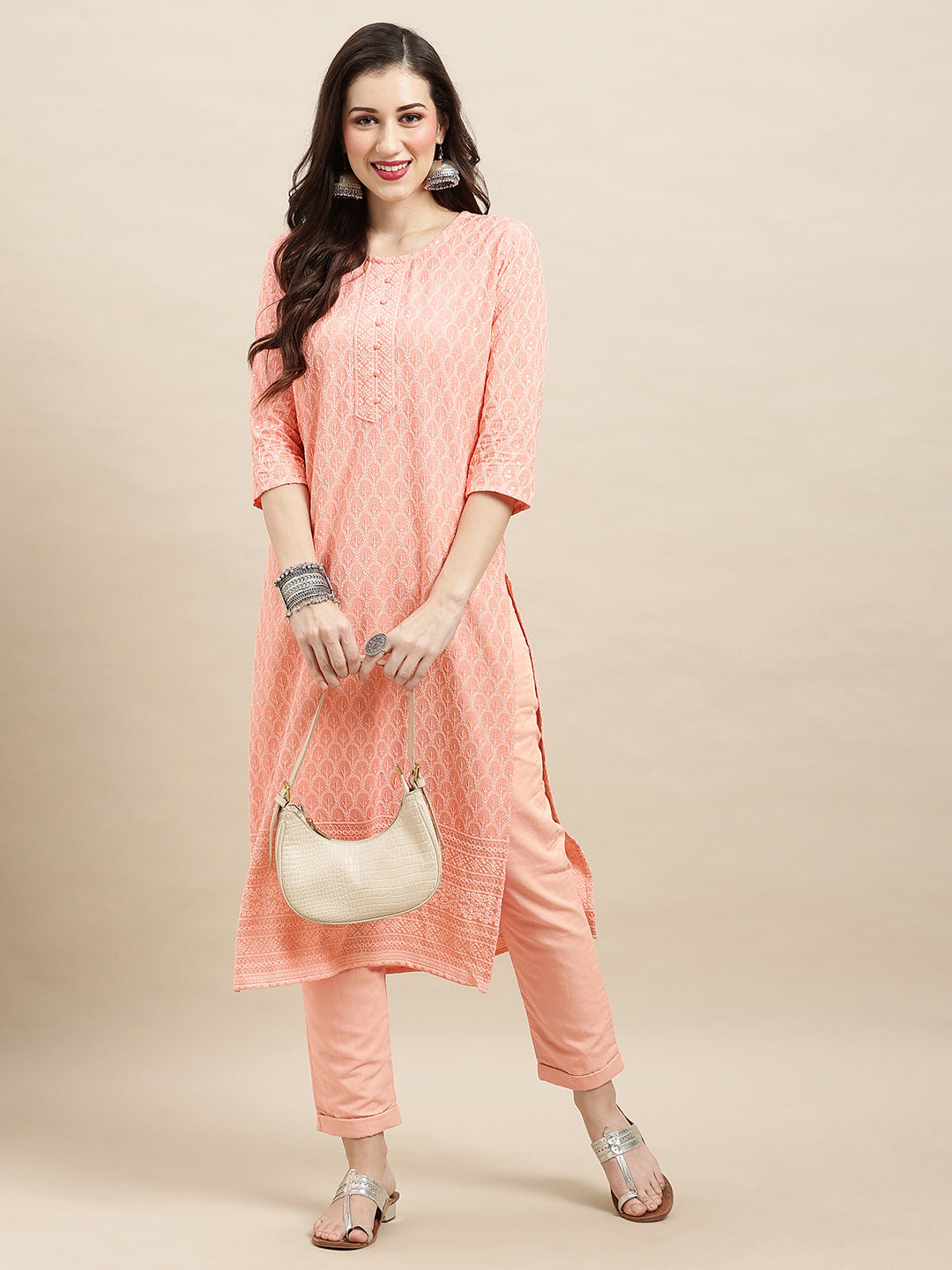 Women's Peach Rayon Sequence Embroidered Straight Kurta - Navyaa