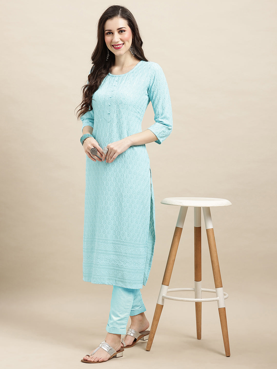 Women's Sky Blue Rayon Sequence Embroidered Straight Kurta - Navyaa