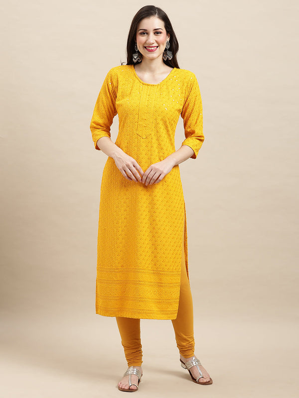 Women's Mustard Rayon Sequence Embroidered Straight Kurta - Navyaa