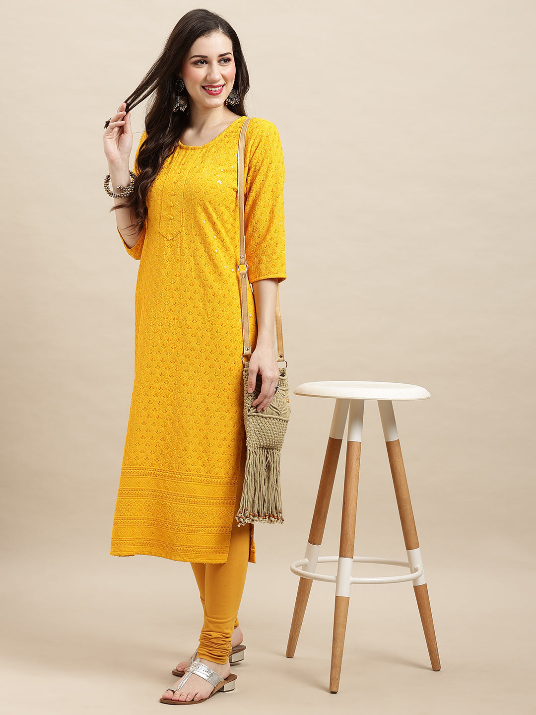 Women's Mustard Rayon Sequence Embroidered Straight Kurta - Navyaa