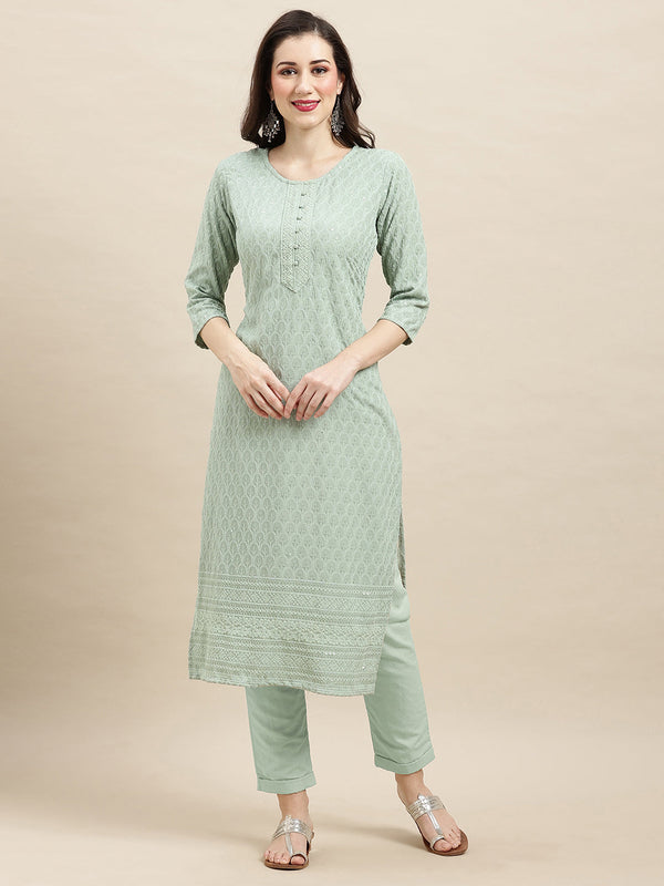 Women's Sea Green Rayon Sequence Embroidered Straight Kurta - Navyaa