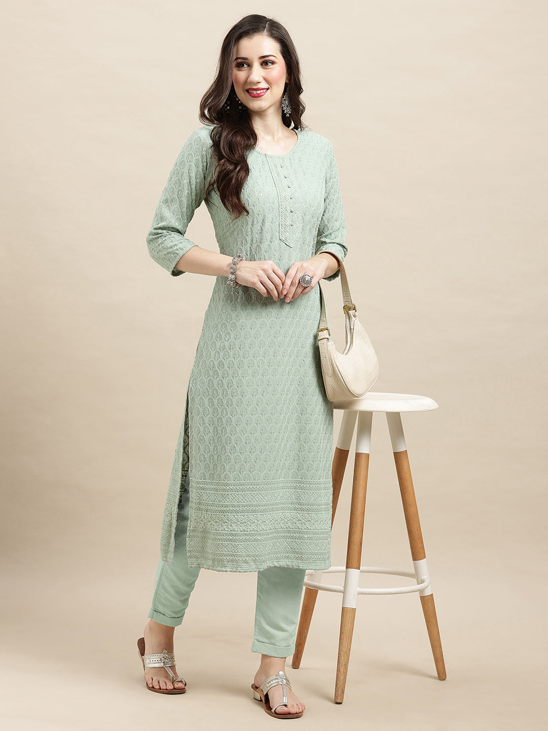 Women's Sea Green Rayon Sequence Embroidered Straight Kurta - Navyaa