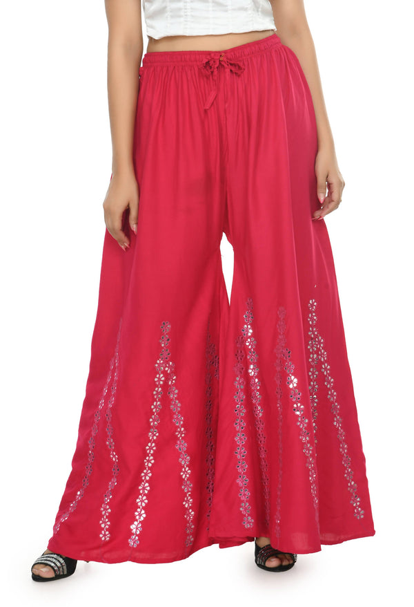 Women's Dark Pink Viscose Rayon Flared Palazzo With Mirror Work Mfp051 - Moeza