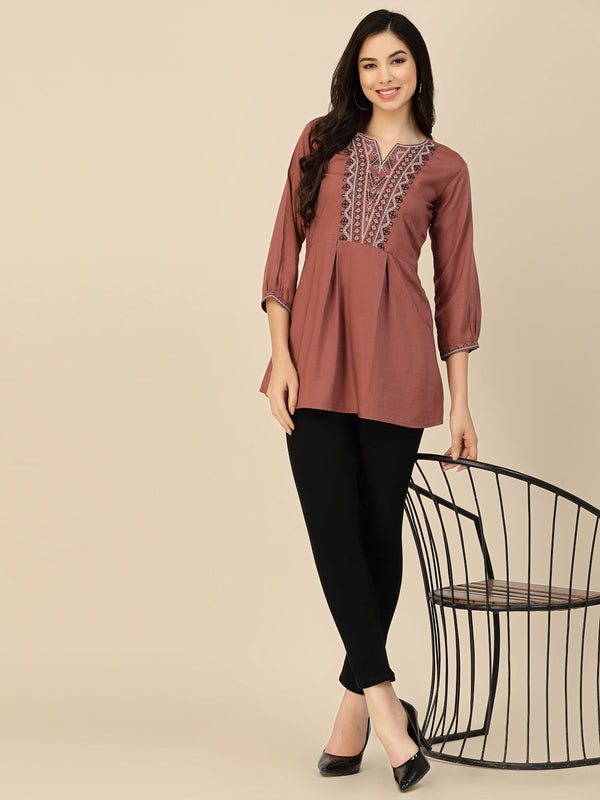 Women's Brown Chinon Floral Embroidered Top - Navyaa