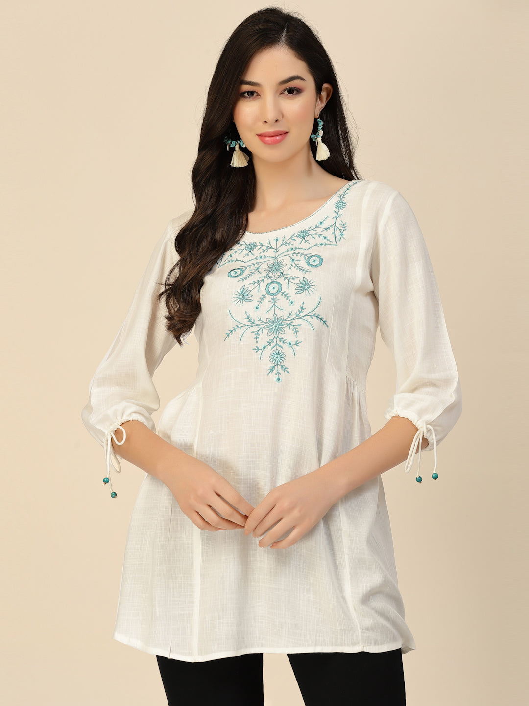 Women's White Poly Rayon Floral Embroidered Top - Navyaa