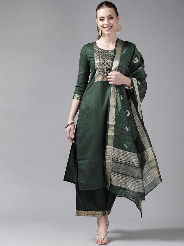 Women's Solid Green Straight Kurta Palazzo With Dupatta Set - Odette