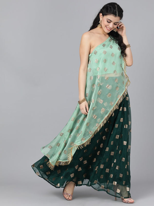 Women's Mint And Dark Green Foil Print Organza Lehenga - AKS