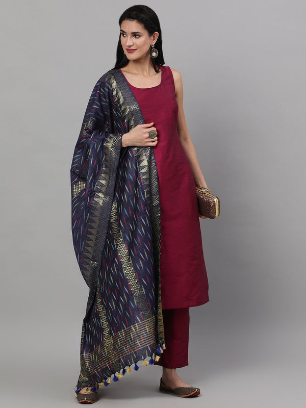 Women's  Magenta Solid Kurta with Trousers & Dupatta - AKS