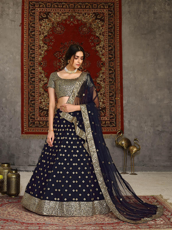 Women's Striking Navy Blue Net Lehenga Set - Odette