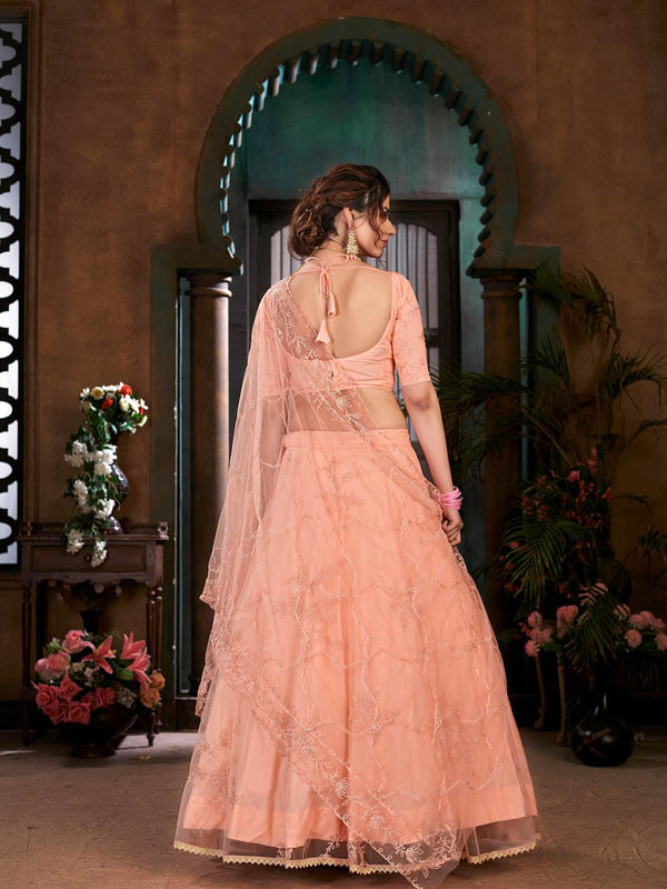 Women's Striking Peach Net Lehenga Set - Odette