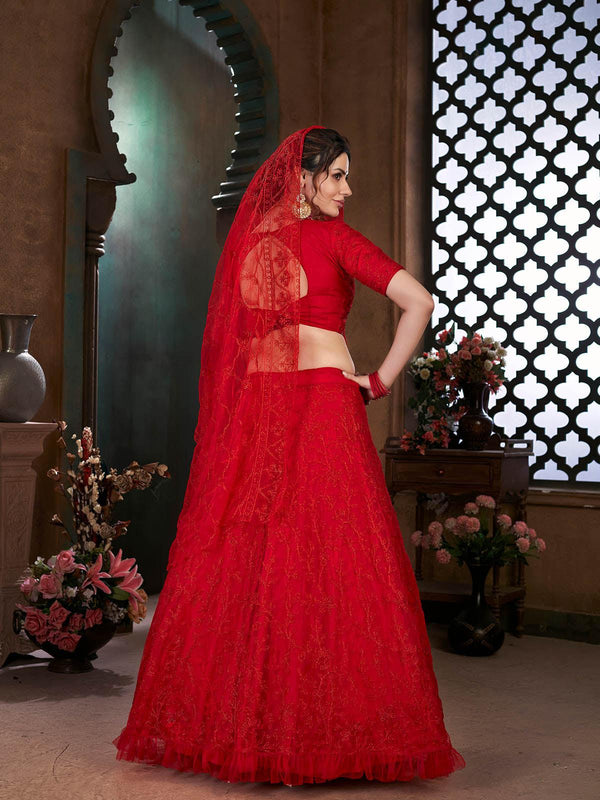 Women's Striking Red Net Lehenga Set - Odette