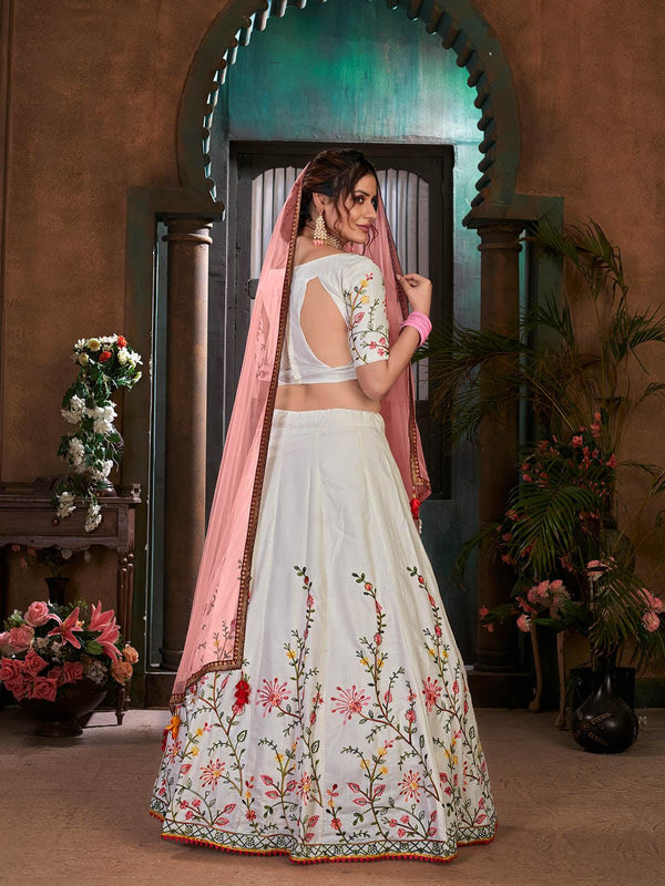 Women's Striking White Cotton Lehenga Set - Odette