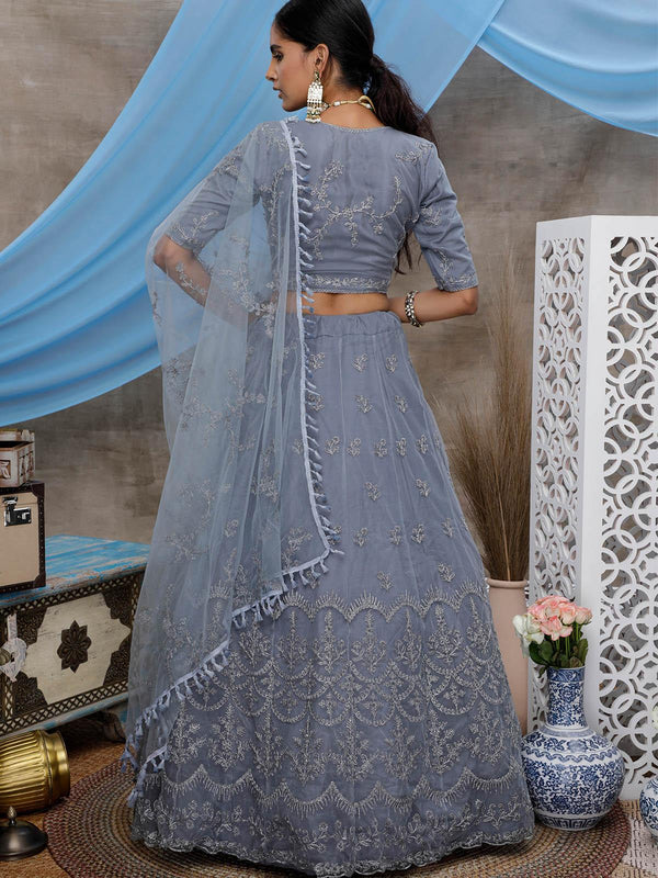 Women's Stunning Grey Net Lehenga Choli Set - Odette