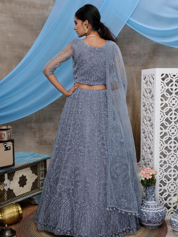 Women's Stunning Grey Net Lehenga Choli Set - Odette