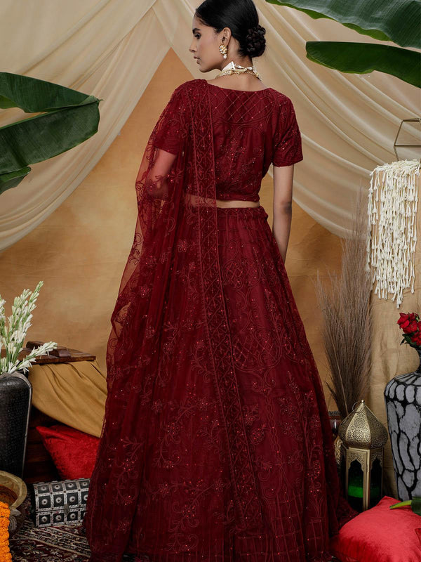 Women's Stunning Maroon Net Lehenga Choli Set - Odette