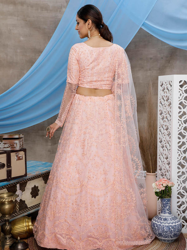 Women's Stunning Peach Net Lehenga Choli Set - Odette