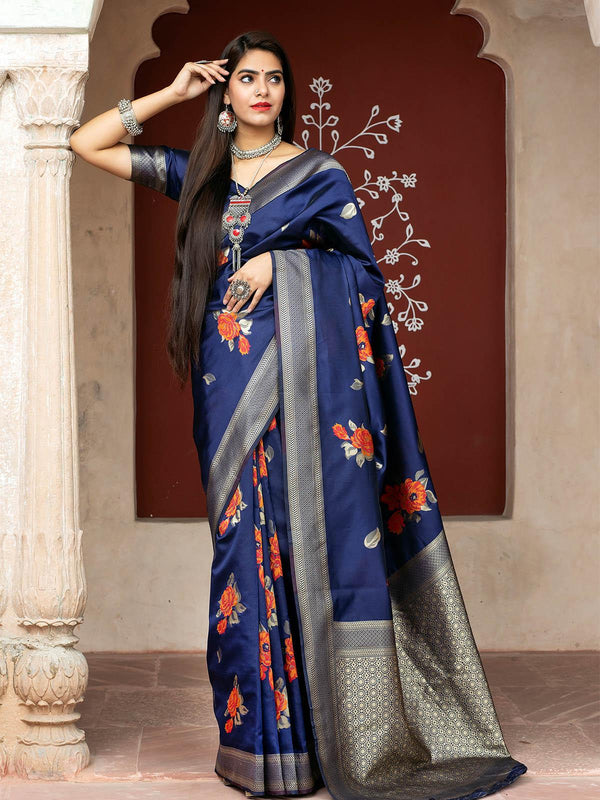 Women's Stunning Woven Navy Banarasi Silk Saree - Odette