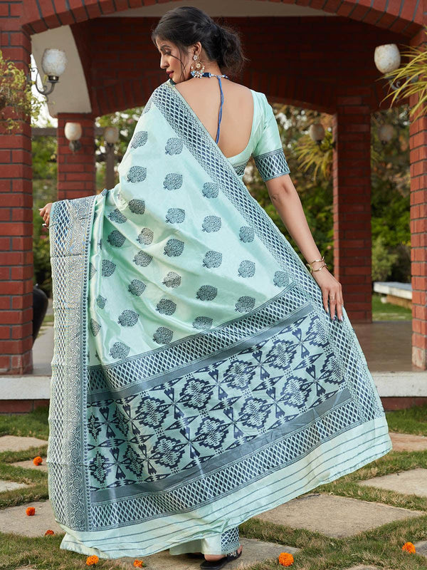 Women's Stunning Woven Turquoise Blue Banarasi Silk Saree - Odette