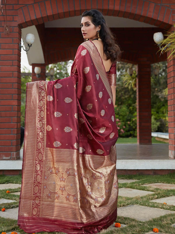 Women's Stunning Woven Wine Banarasi Silk Saree - Odette