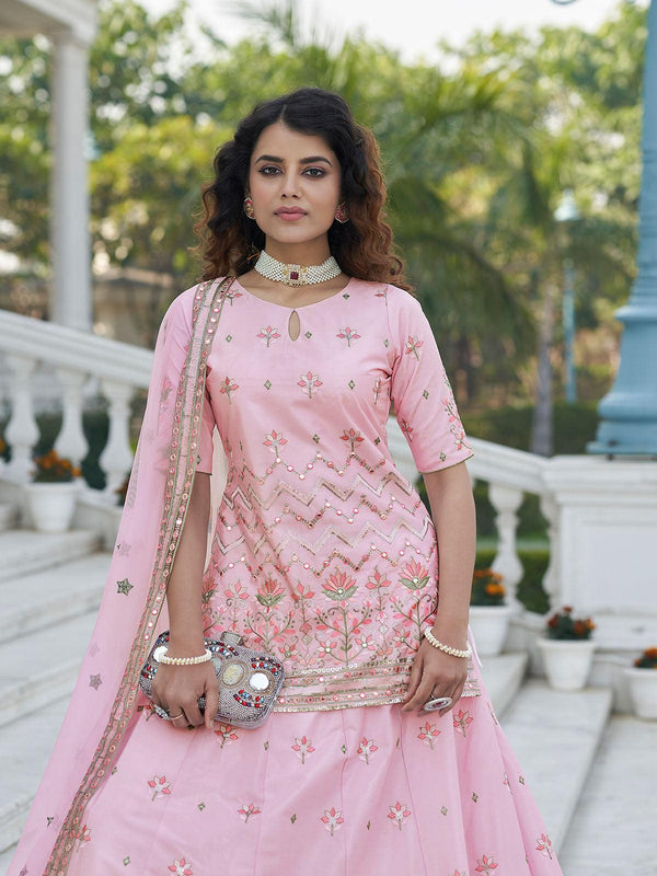 Women's Stylish Baby Pink Chinon Chiffon Lehenga Choli Set - Odette