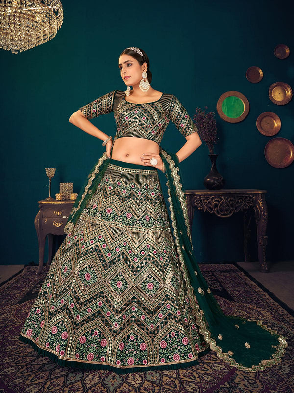 Women's Stylish Dark Green Georgette Lehenga Set - Odette