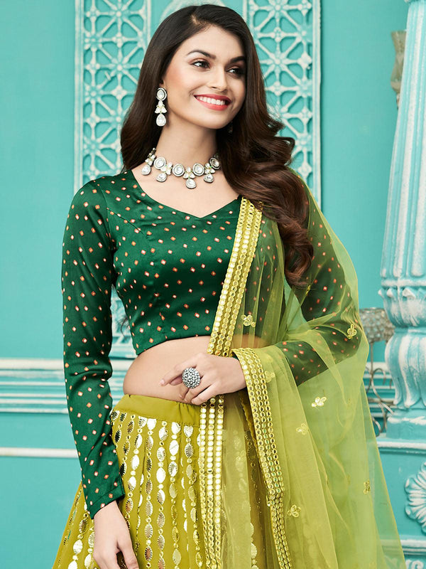 Women's Stylish Florescent Green Georgette Lehenga Set - Odette