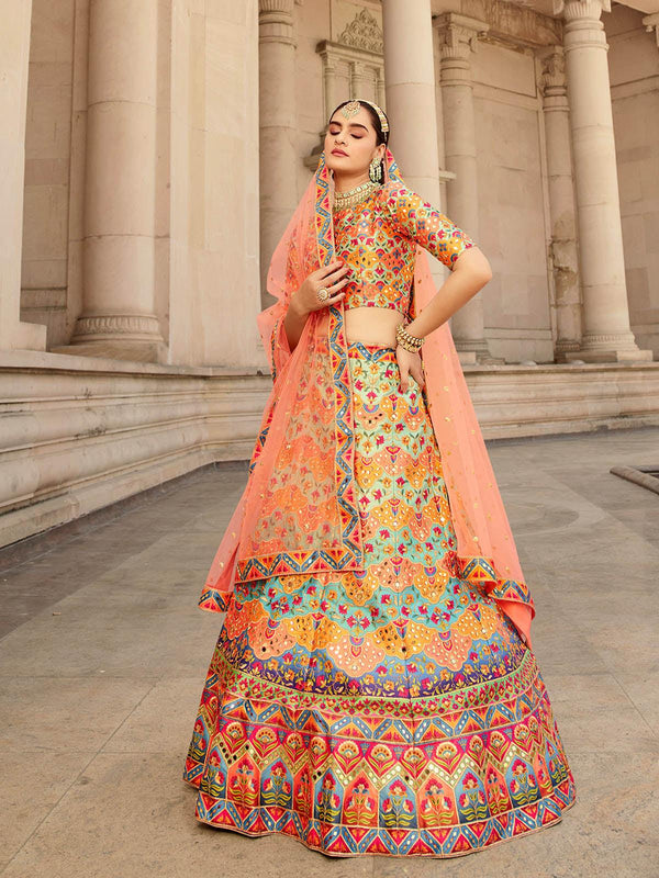 Women's Stylish Multi Colored Art Silk Lehenga Choli Set - Odette