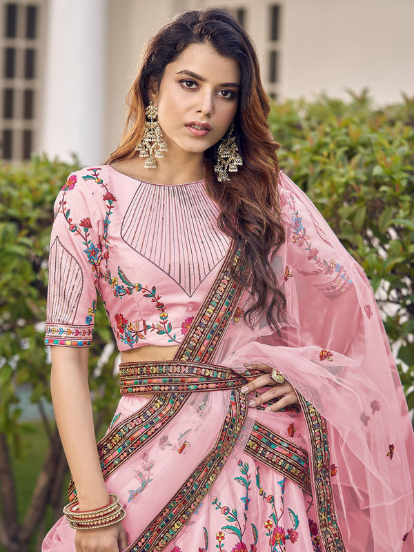 Women's Stylish Pink Silk Lehenga Set - Odette