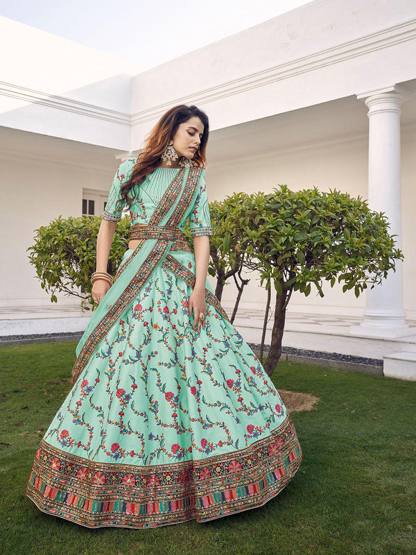 Women's Stylish Pista Green Silk Lehenga Set - Odette