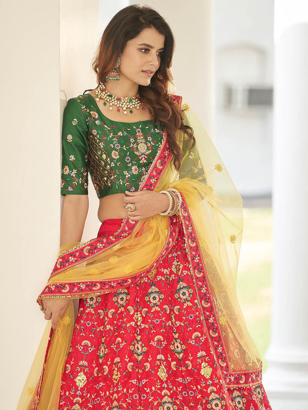 Women's Stylish Red Silk Lehenga Choli Set - Odette