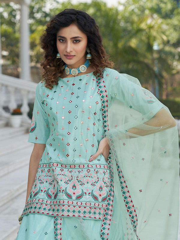 Women's Stylish Sky Blue Chinon Chiffon Lehenga Choli Set - Odette