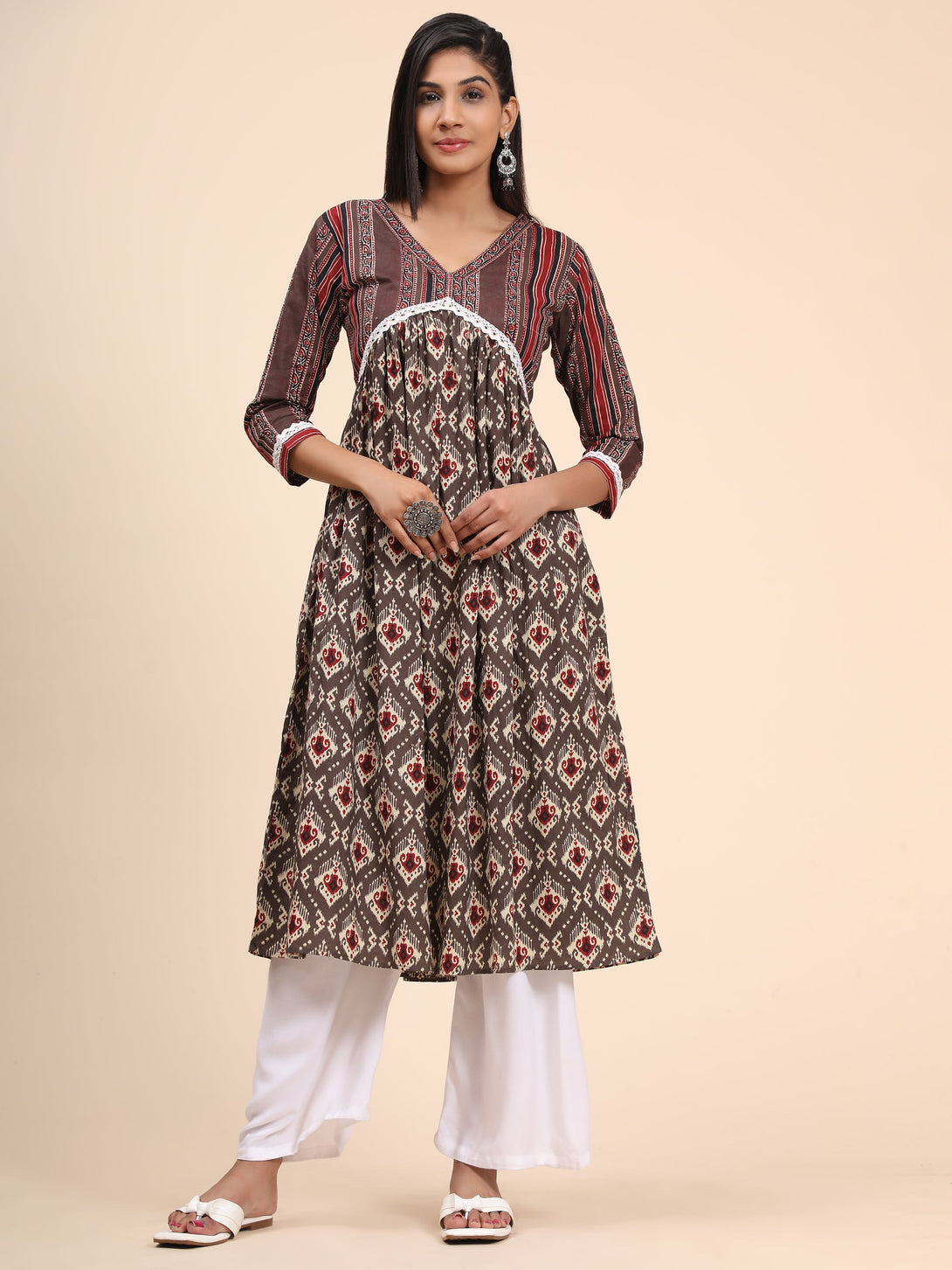 Women's Printed A-Line Cotton Brown Stitched Kurta - Vbuyz