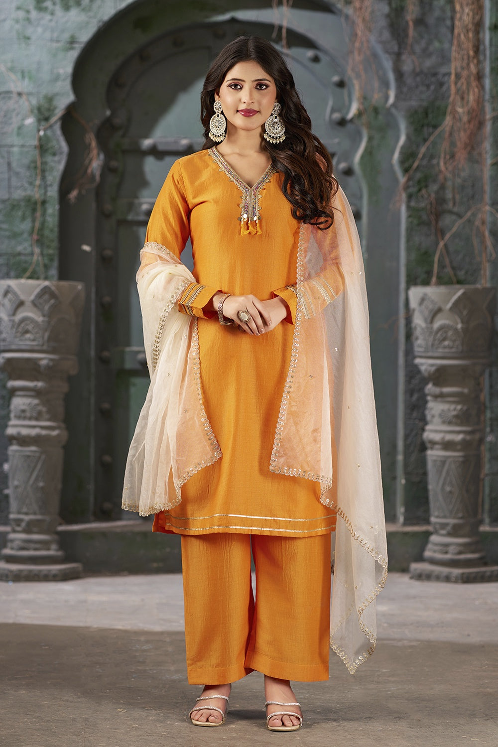 Women's Orange Peel Art Silk Straight Embroidered Kurta Set With Trouser And Dupatta - Curvy Lane