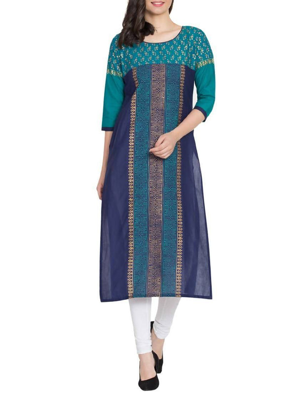 Women's Blue Hand Block Print Straight Kurta Only - Cheera