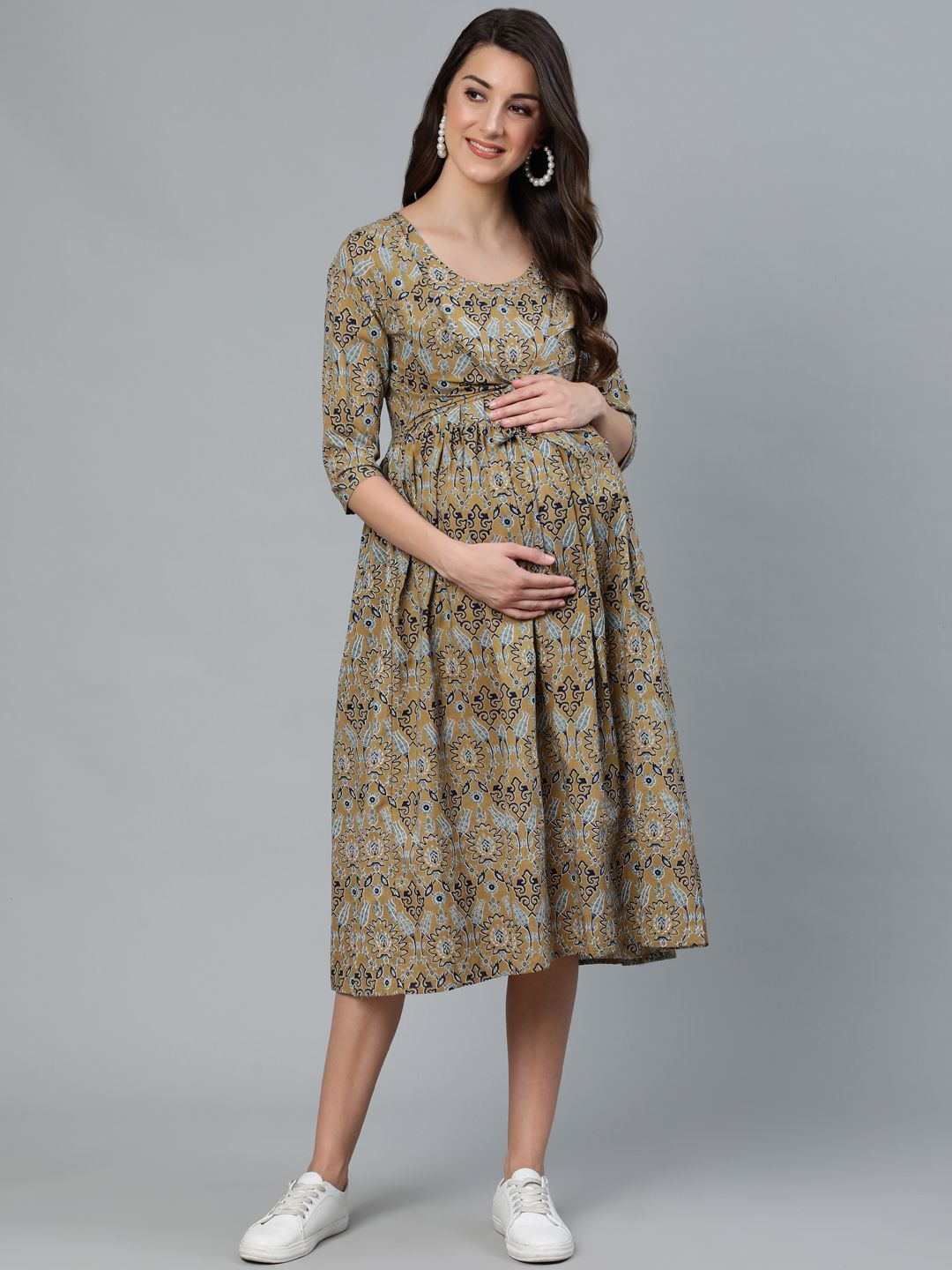 Women's Olive Printed Maternity Dress - AKS