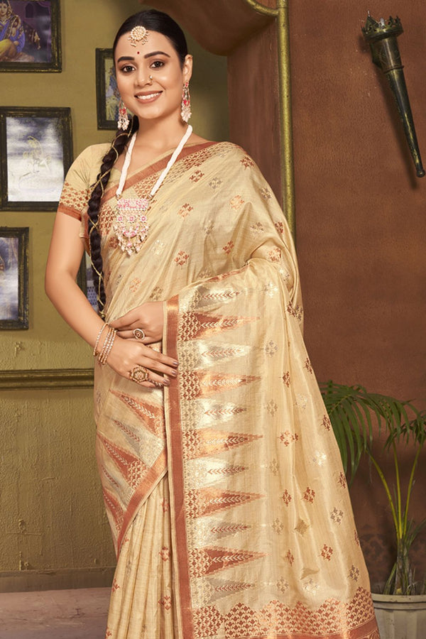 Women's Cream Silk Woven Zari Work Traditional Tassle Saree - Sangam Prints